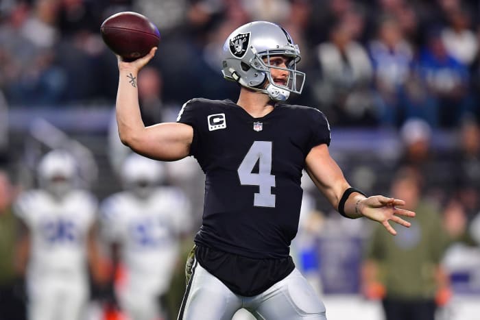 Nov 13, 2022; Paradise, Nevada, USA; Las Vegas Raiders quarterback Derek Carr (4) throws against the Indianapolis Colts during the second half at Allegiant Stadium. Mandatory Credit: Gary A. Vasquez-USA TODAY Sports